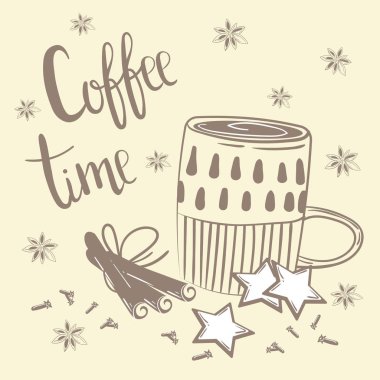 Kahve Saati metin. Kahve, tarçın ve karanfil