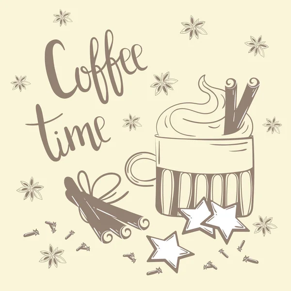 Kahve Saati metin. Kahve, tarçın ve karanfil