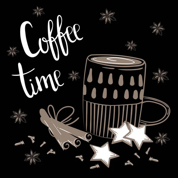 Kahve Saati metin. Kahve, tarçın ve karanfil