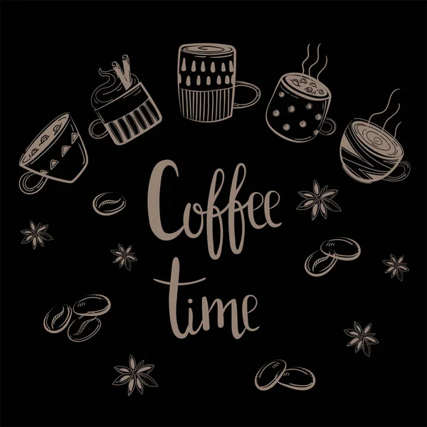 Kahve bardakları kümesi. Kahve Saati metin