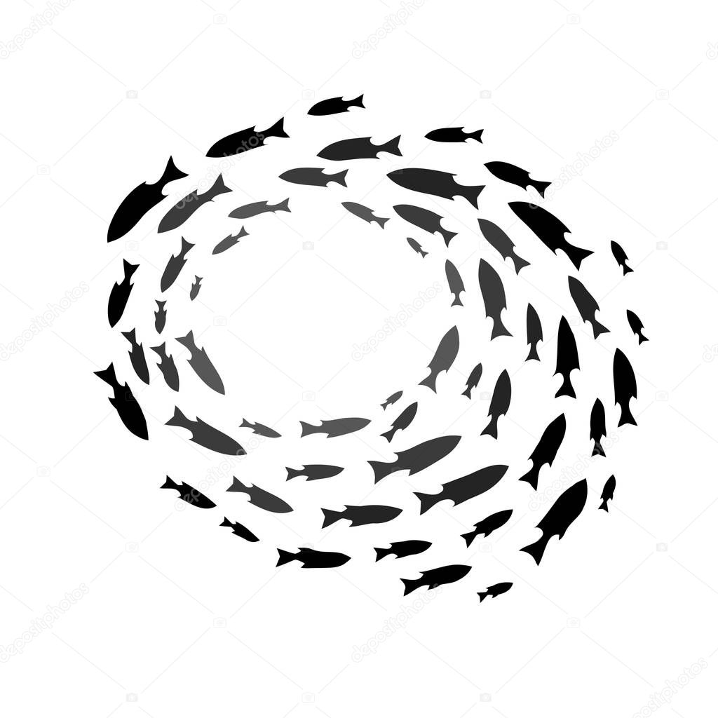 Shoal of fish. School of ocean fish silhouettes