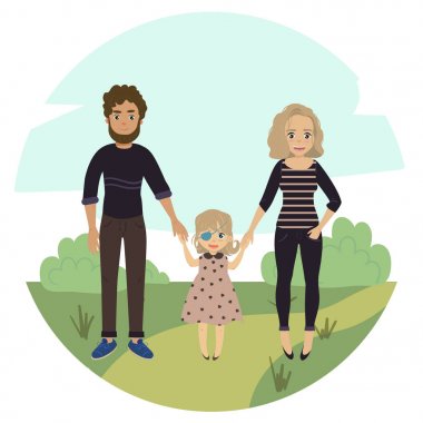 Engelli kızı ile mutlu bir aile. Çift ve çocuk