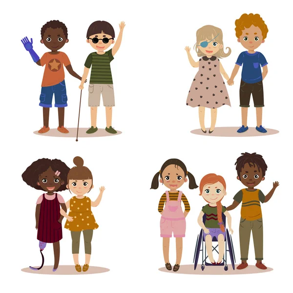 Niños discapacitados con amigos . — Vector de stock