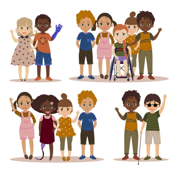 Niños discapacitados con amigos . — Vector de stock