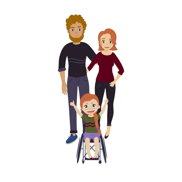 Família feliz com menina cadeira de rodas com deficiência —  Vetores de Stock