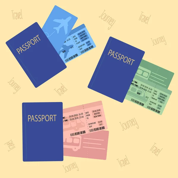 Bilhetes de comboio de autocarro de avião com passaporte — Vetor de Stock