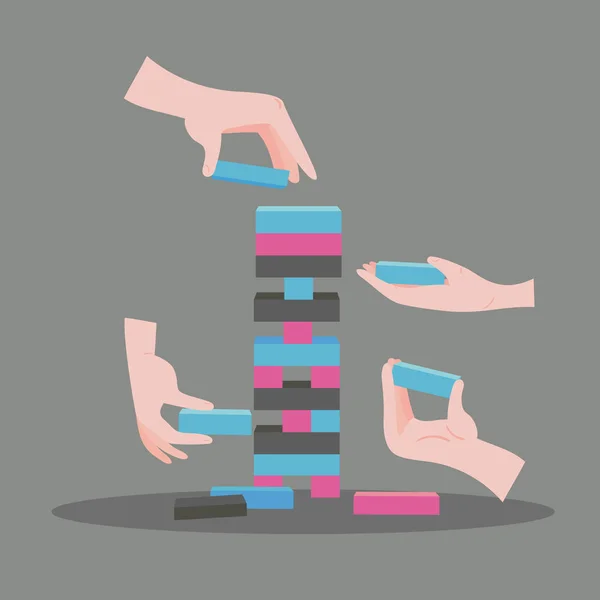 Jogo de Jenga com as mãos. Jogo de bloco de madeira — Vetor de Stock