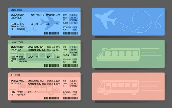 Concepção de conceito de bilhetes de trem de ônibus de avião — Vetor de Stock