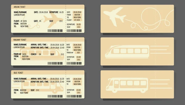Concepção de conceito de bilhetes de trem de ônibus de avião — Vetor de Stock