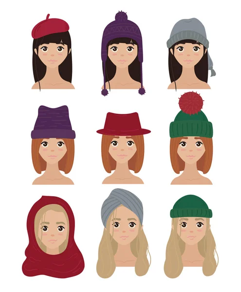 Conjunto de elegantes personajes femeninos en sombreros de invierno — Vector de stock