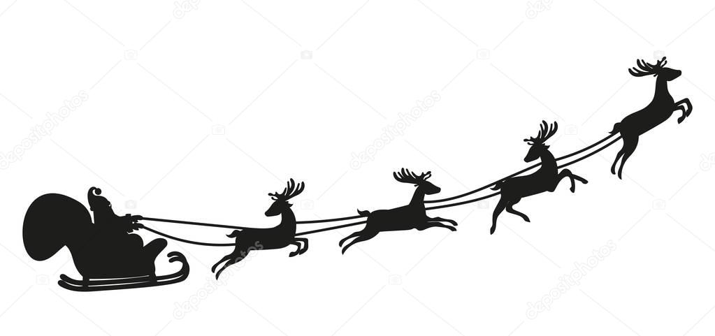 Santa Claus flying with deer. Silhouette