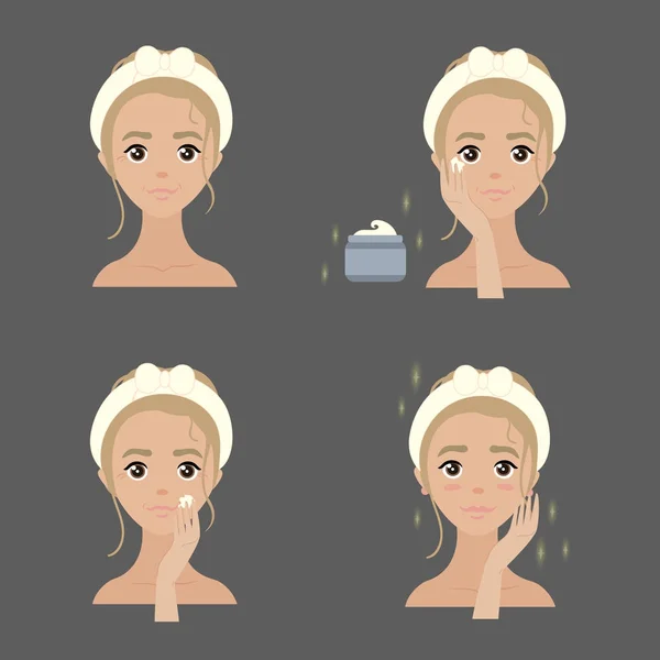 Pasos cómo aplicar crema facial anti arrugas — Archivo Imágenes Vectoriales
