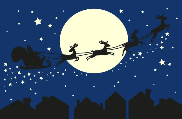 Weihnachtsmann im Schlitten. Silhouette am blauen Himmel — Stockvektor