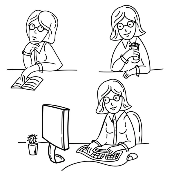 La chica independiente trabaja en la computadora. Beber té — Vector de stock