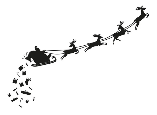 Santa Claus volando con ciervos. Silueta — Vector de stock