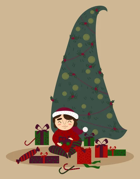 Netter Junge mit Geschenken unterm Weihnachtsbaum — Stockvektor