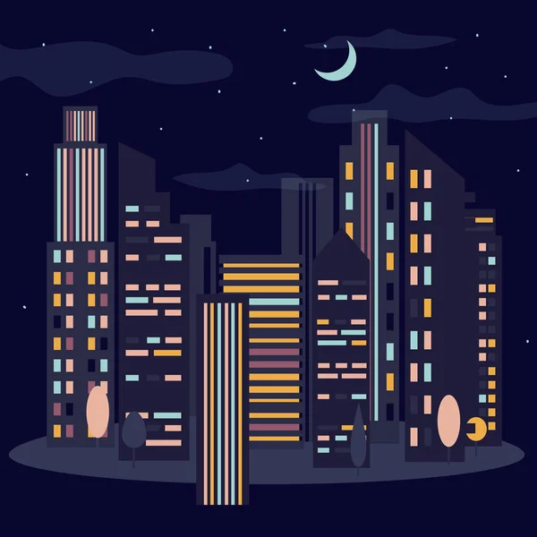 Paisaje urbano nocturno. Skyline con luna — Vector de stock