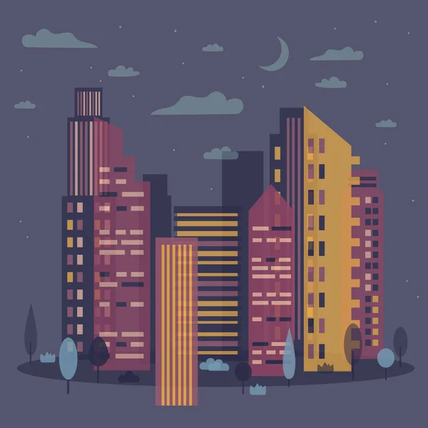 Paesaggio urbano serale. Skyline con la luna — Vettoriale Stock