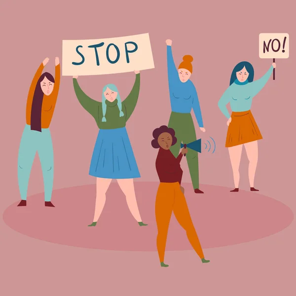 Kvinnor protesterar med stopp och inga tecken. Demostrants — Stock vektor