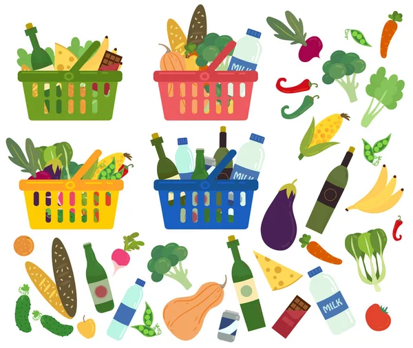 Sada košů plných organických potravin a obsahu — Stockový vektor