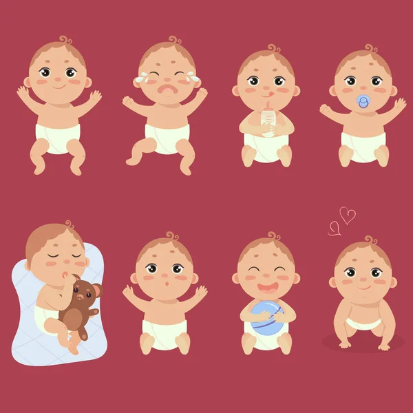 Lindo bebé en pañal con diferentes emociones — Vector de stock