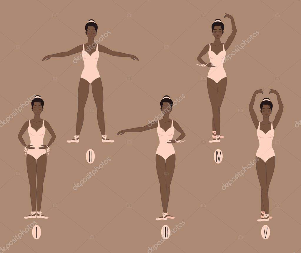 Young dancer shows the five basic ballet and dance positions, with