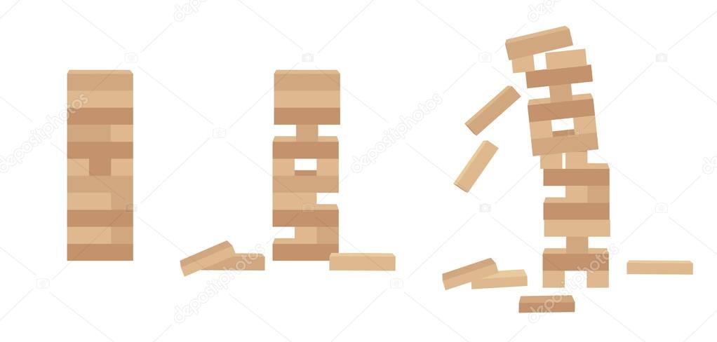 Set Of Tower Games For Kids And Adults Wooden Block Stack Balance Risk Puzzle Toy For Two Or More Players Different Positions Vector Illustration Isolated On White Background Premium Vector In