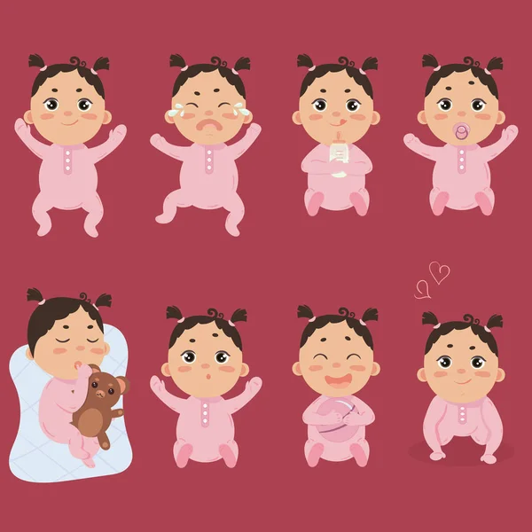 Lindo bebé en footies con diferentes emociones — Vector de stock