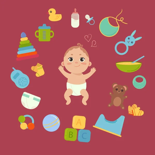 Carino piccolo bambino in pannolino con elementi essenziali neonati — Vettoriale Stock