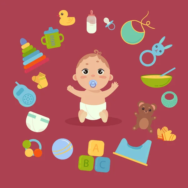 Söt liten baby i blöja med nyfödda essentials — Stock vektor
