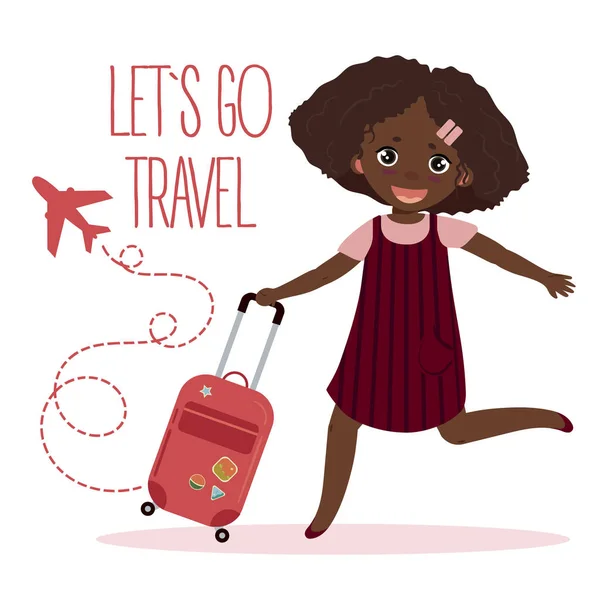 Счастливая молодая девушка с чемоданом. Пойдем путешествовать. — стоковый вектор
