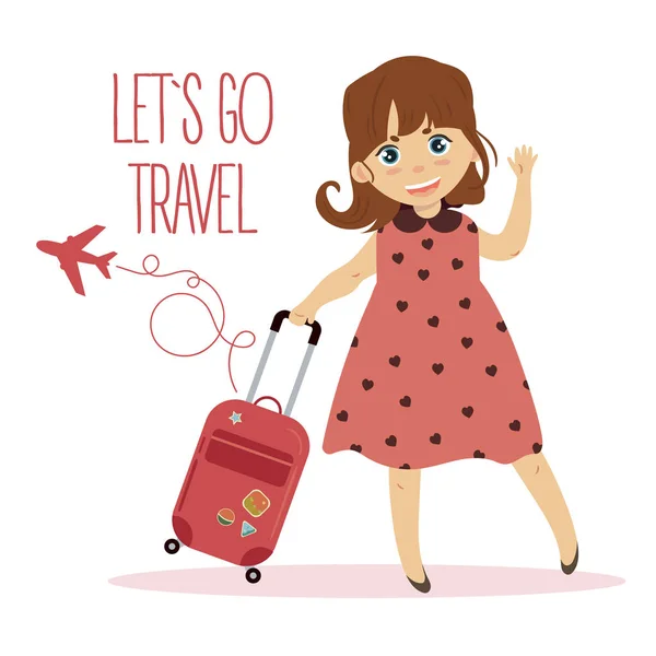 Счастливая молодая девушка с чемоданом. Пойдем путешествовать. — стоковый вектор