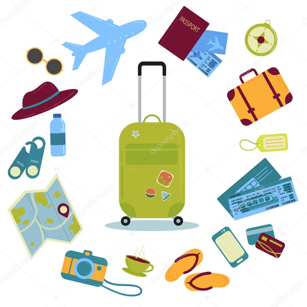 Set of travel icons and images. Suitcase, tickets, etc
