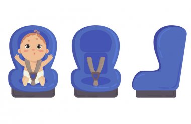Babyboy otomobil koltukta oturuyor. Farklı açılardan erkek bebek için mavi araba koltuğu. Yan ve carseat önden görünümü. Beyaz arka plan üzerinde izole vektör