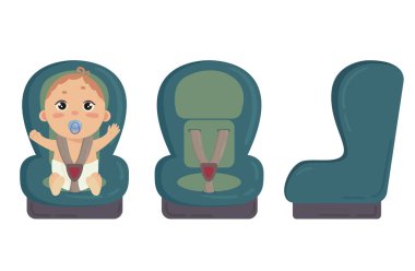 Otomobil koltuğuna oturan meme yorgan ile Babyboy. Farklı açılardan erkek bebek için yeşil araba koltuğu. Yan ve carseat önden görünümü. Beyaz arka plan üzerinde izole vektör