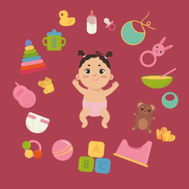 Şirin Bebek pembe bebek bezi içinde yeni doğan temel ile çember ayarlayın. Babygirl ve birçok unsurları ve oyuncaklar. Yorgan, monitör, oyuncak ayı, tuvalet, vb. Kız bebek. Renkli vektör.