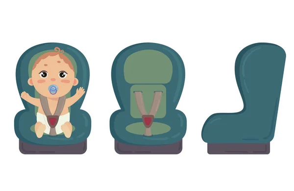Babyboy Mit Brustwarzendecke Der Autositz Sitzt Grüner Autostuhl Für Babys — Stockvektor