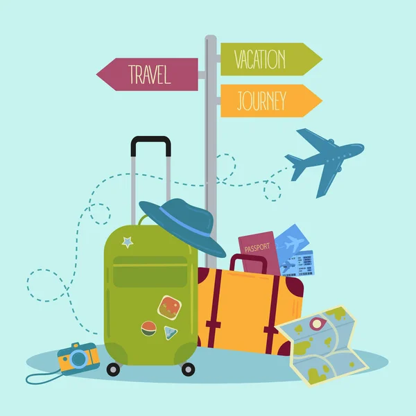 Artículos Viaje Señalización Puntero Con Viajes Vacaciones Direcciones Viaje Maleta — Vector de stock