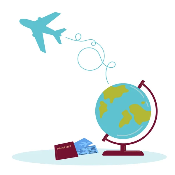 旅游插图 地球与飞机和路线路径 护照和车票 地球平面设计 飞行旅程 — 图库矢量图片