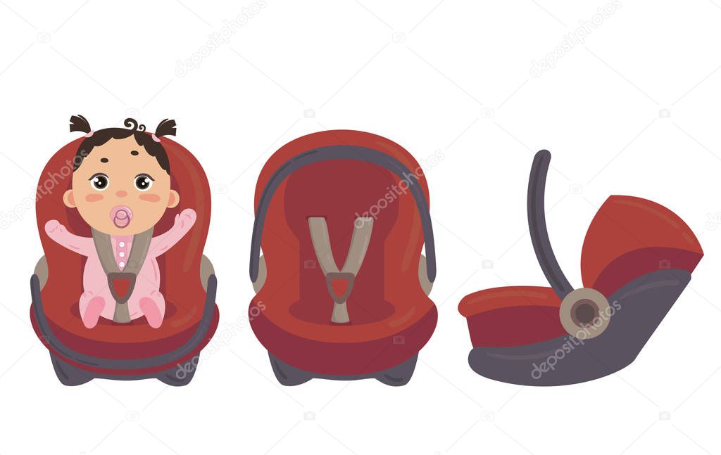 Babygirl sitting in automobile seat. Red combo stroller car chair with hand grip for baby girl from different angles. Side and front view of carseat. Vector isolated on white background