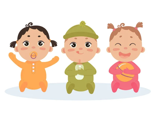 三つ子の赤ちゃんのかわいいベクトルを設定します。赤ちゃんの女の子、男の子 — ストックベクタ