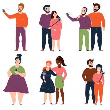 Gençler ve çiftler instagram veya sosyal medya, için selfie selfie stick kullanarak veya kamera elinde tutarak alıyor. Erkek ve kadın, iki kız, çocuklar, tek büyük boy Bayan. Vektör çizim