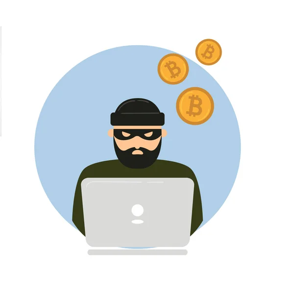 Hacker hırsız ile defter ve bitcoin cryptocurrency. Web güvenli olmayan güvenlik kavramı. Dolandırıcı internet işlem m-cüzdana ulaşın çalışın ve tüm para çaldı. Elektronik soygun