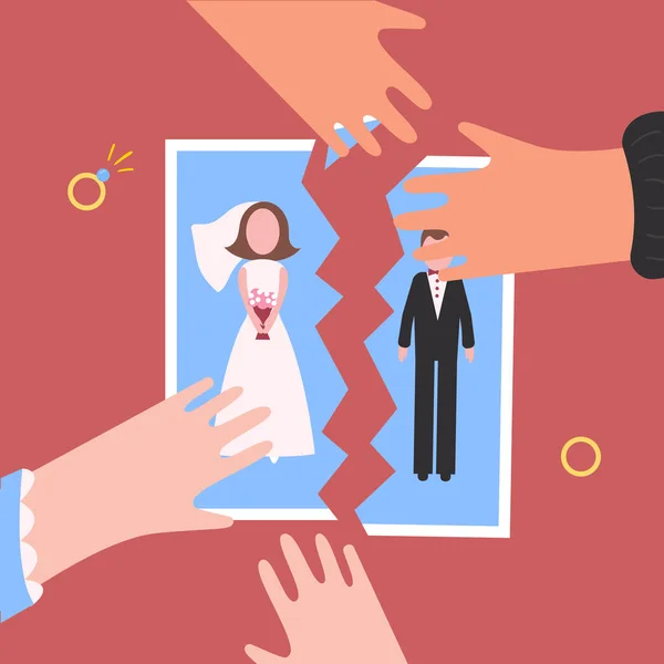 Divórcio Mãos Homem Mulher Rasgam Foto Casamento Separem Relação Fim — Vetor de Stock