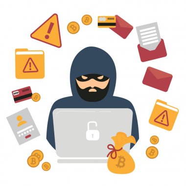 Hacker, dizüstü bilgisayar ve bitcoin cryptocurrency soygun