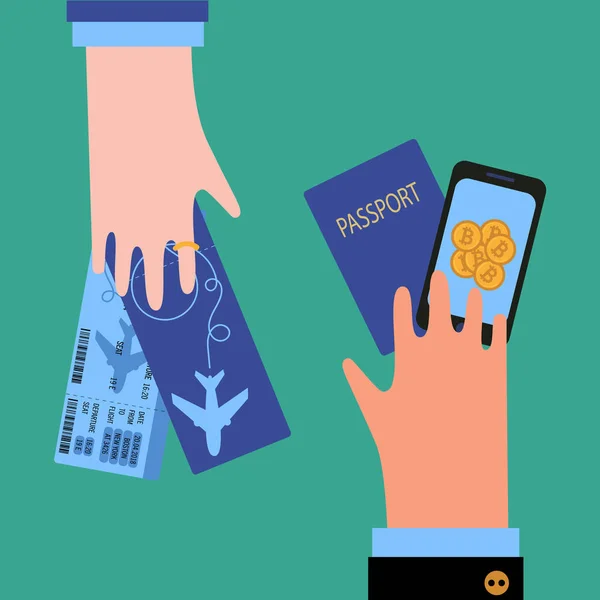 Mão de homem e mulher com bitcoin, passaporte e bilhetes — Vetor de Stock