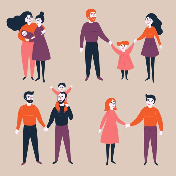 Ensemble de gay lgbt et les couples traditionnels avec enfant — Image vectorielle