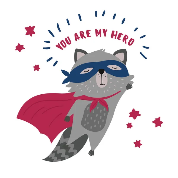 Raccon en masque et manteau de super-héros. Tu es mon héros. — Image vectorielle