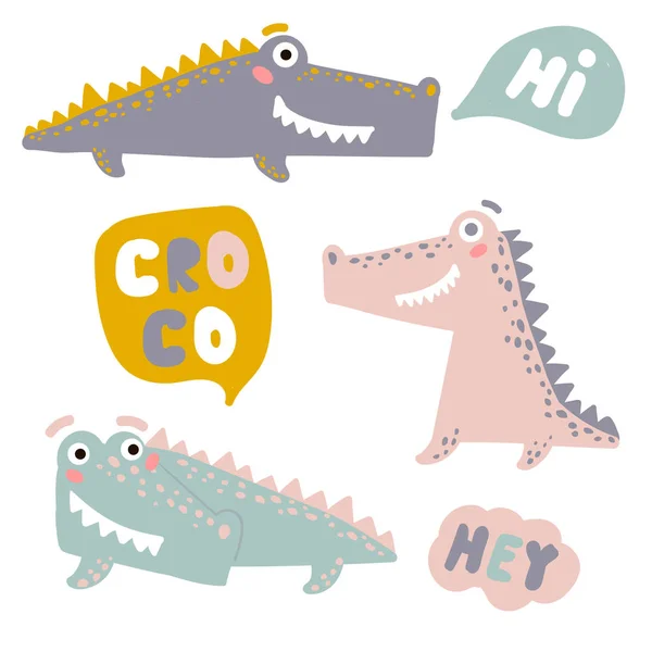 Conjunto com crocodilos divertidos felizes. Jacarés dos desenhos animados —  Vetores de Stock