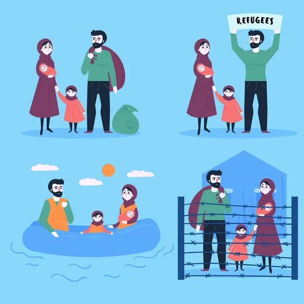 Familia de refugiados con niños y bebés pequeños — Vector de stock